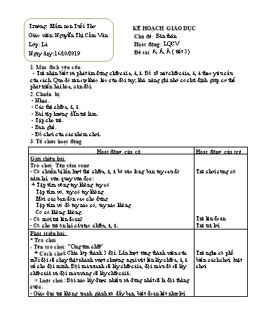 Giáo án mầm non Lớp Lá - Làm quen chữ viết - Đề tài: A, Ă, Â ( tiết 3) - Năm học 2019-2020 - Nguyễn Thị Cẩm Vân - Trường mầm non Tuổi Thơ
