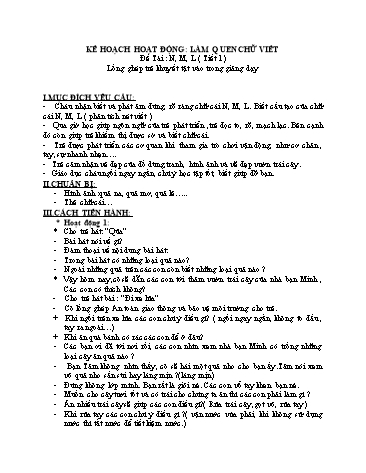 Giáo án mầm non Lớp Lá - Làm quen chữ viết - Đề tài: Chữ N, M, l (Tiết 1)