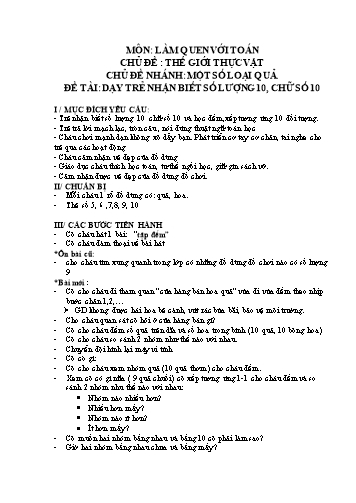Giáo án mầm non Lớp Lá - Làm quen với Toán - Đề tài: Dạy trẻ nhận biết số lượng 10, chữ số 10