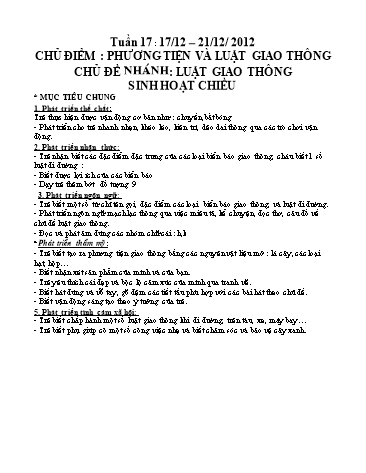Giáo án mầm non Lớp Lá - Tuần 17 - Chủ đề: Phương tiện và luật giao thông. Luật giao thông - Trần Thị Liễu