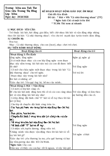 Giáo án mầm non Lớp Mầm - Hoạt động: Giáo dục âm nhạc - Đề tài: Hát và vận động "Cả nhà thương nhau". Nghe hát: Chỉ có một trên đời - Năm học 2018-2019 - Trương Thị Hằng - Trường mầm non Tuổi Thơ