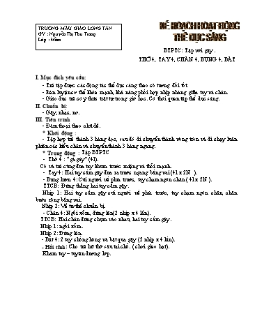 Giáo án mầm non Lớp Mầm - Thể dục sáng: Thở 4, tay 4, chân 4, bụng 4, bật - Nguyễn Thị Thu Trang